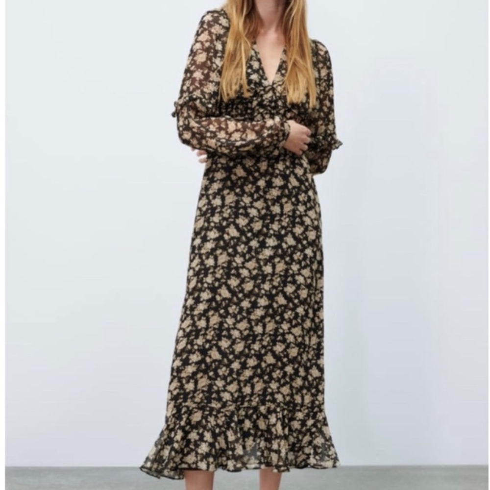 NEW! ZARA New Woman Midi Dress Floral Ruffled Lined Black Cream Size Medium - Picture 4 of 11